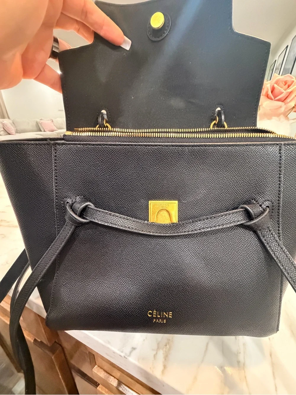 Celine Black Leather Satchel with Gold Logo